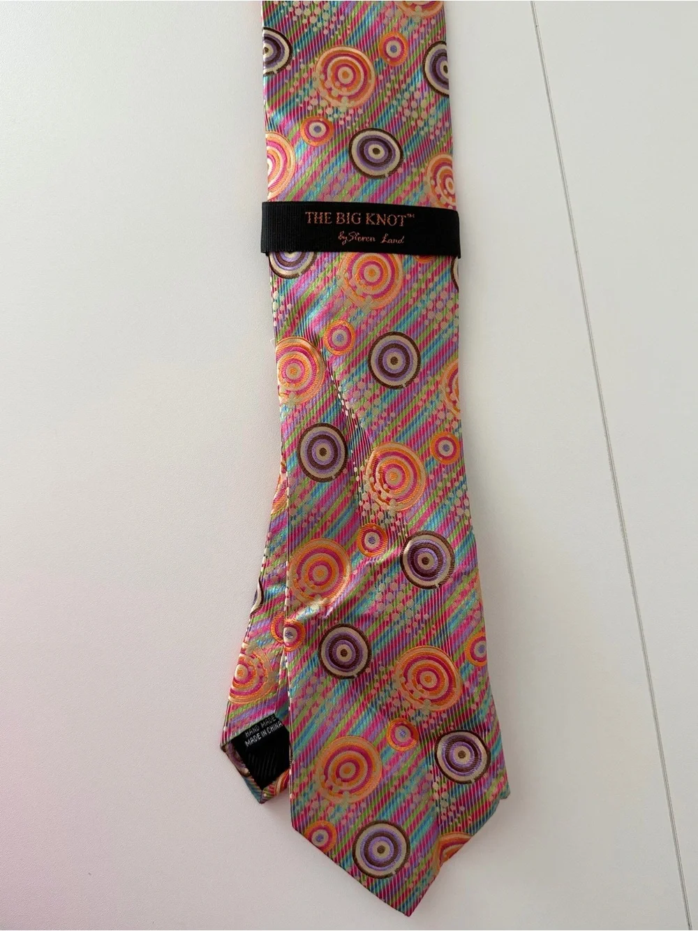 Steven Land The Big Knot Men’s 100% Silk Tie Pink Multicolor Geometric NWT